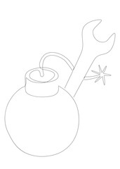 One continuous line of bomb and wrench. Thin Line Illustration vector concept. Contour Drawing Creative ideas.