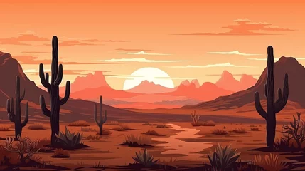 Keuken spatwand met foto Vector illustration of sunset desert panoramic view with mountains and cactus in flat cartoon style Generative AI © Suleyman