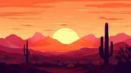 Papier Peint photo Lavable Orange Vector illustration of sunset desert panoramic view with mountains and cactus in flat cartoon style Generative AI