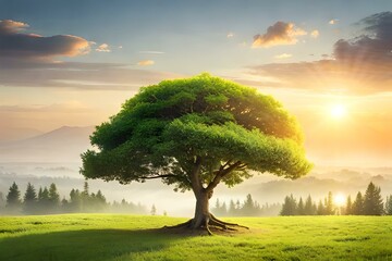 tree in the field and sun set generated by AI tool