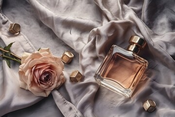 Perfume Bottle and Roses on the Silk Fabric Background. Created with Generative AI Technology