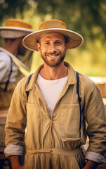 Beekeeper in overalls stands among his own bees. Smiling and professional