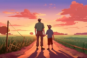 Fototapeta premium A father and son enjoy a country life on a farm. (Illustration, Generative AI)