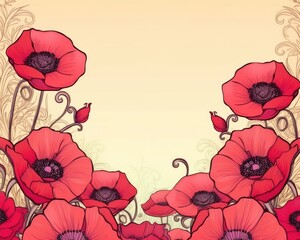 Copy space available with red and pink poppies on beige. (Illustration, Generative AI)