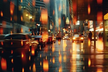 Blurred Street Film Photo. Vintage Aesthetic, Urban Night Scene, Defocused Bokeh Lights, Analog Nostalgia, Atmospheric Pedestrian Activity in Dark. Generative AI