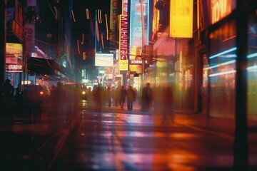 Obraz premium Blurred Street Film Photo. Vintage Aesthetic, Urban Night Scene, Defocused Bokeh Lights, Analog Nostalgia, Atmospheric Pedestrian Activity in Dark. Generative AI
