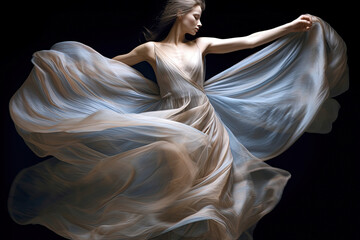 a woman wearing a long flowing dress in the air with her arms outstretched to the ground, as if she is dancing