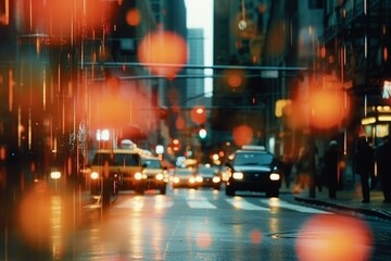 Fototapeta premium Blurred Street Film Photo. Vintage Aesthetic, Urban Night Scene, Defocused Bokeh Lights, Analog Nostalgia, Atmospheric Pedestrian Activity in Dark. Generative AI