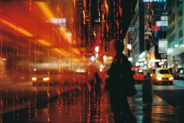 Fototapeta na wymiar Blurred Street Film Photo. Vintage Aesthetic, Urban Night Scene, Defocused Bokeh Lights, Analog Nostalgia, Atmospheric Pedestrian Activity in Dark. Generative AI
