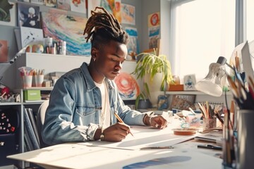 African American artist painting a picture at table, generative AI - obrazy, fototapety, plakaty