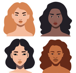 Beautiful different Women head portrait isolated. Modern feminist vector illustration. EmbraceEquity The concept of equality, international womens, inclusive. illustration with women