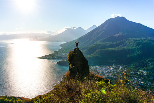 Climber on a giant rock and beautiful landscape, Indian Nose Viewpoint, Solol&aacute; Guatemala