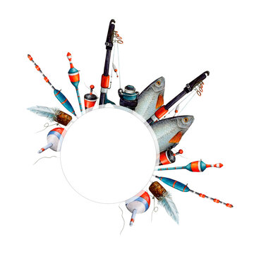 recommend clip art: Watercolor drawing round frame from various fishing bobblers, fish, spinning rods, red, white, blue and black with fishing line. Angling gear for wallpapers, logo, banners, icon, cards, leaflets