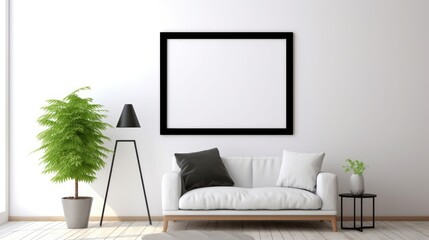 Interior white wall background with an empty frame mockup. Generative AI