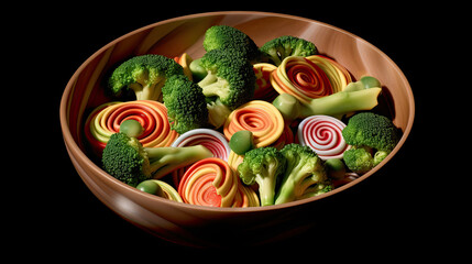vegetables in a bowl on a black background with space for the image to be used as part of an article