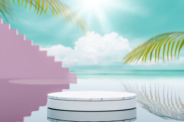 3d podium with copy space for product display presentation on palm beach and blue sky background. Tropical summer and vacation concept. Graphic art design.