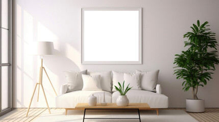 Interior white wall background with an empty frame mockup. Generative AI