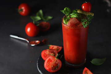 A glass with cold bloody mary cocktail