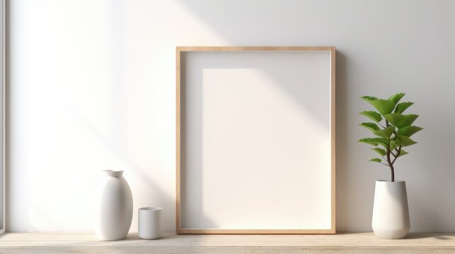 Interior white wall background with an empty frame mockup. Generative AI