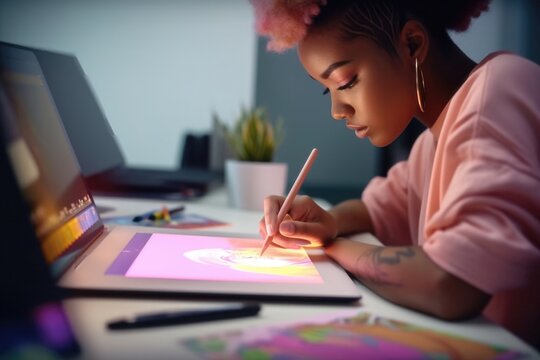 African American graphic designer using tablet pc while sitting at her workplace in office, generative AI