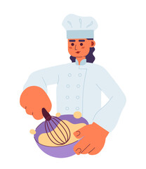 Female chef mix dough semi flat colorful vector character. Editable half body caucasian cooking person on white. Simple cartoon spot illustration for web graphic design