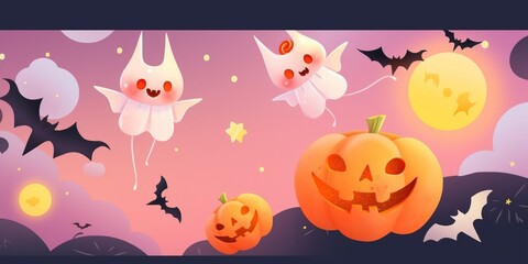 Obraz na płótnie Canvas Illustration cute happy halloween with jack o lantern background made with Generative AI