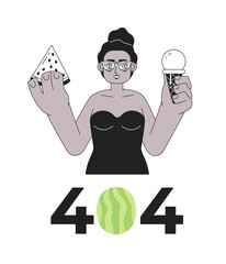 Eating ice cream, watermelon on beach black white error 404 flash message. Summertime. Monochrome empty state ui design. Page not found popup cartoon image. Vector flat outline illustration concept
