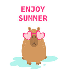 Cute capybara illustration. Cartoon capybara with glasses. Enjoy summer.
