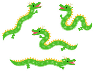 記号的な緑色の龍のイラストセット