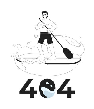 Indian man paddleboarding on lake black white error 404 flash message. Paddle board. Monochrome empty state ui design. Page not found popup cartoon image. Vector flat outline illustration concept