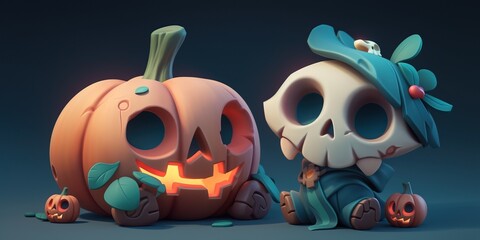 Illustration cute tombstone and pumpkin jack o lantern made with Generative AI