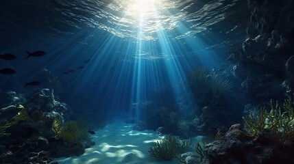 Fototapeta na wymiar Underwater Sea Deep Abyss With Blue Sun light generative AI