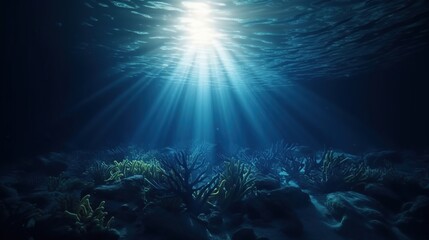 Fototapeta na wymiar Underwater Sea Deep Abyss With Blue Sun light generative AI