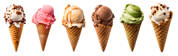 Ice cream scoop on waffle cone on transparent background cutout, PNG file. Many assorted different flavour Mockup template for artwork design.