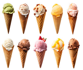 Ice cream scoop on waffle cone on transparent background cutout, PNG file. Many assorted different flavour Mockup template for artwork design.