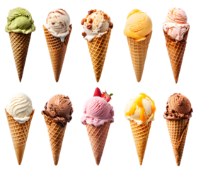 Ice cream scoop on waffle cone on transparent background cutout, PNG file. Many assorted different flavour Mockup template for artwork design.