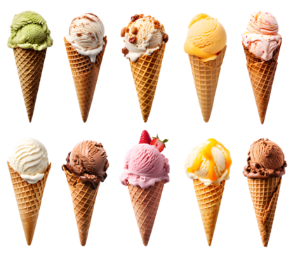 Ice cream scoop on waffle cone on transparent background cutout, PNG file. Many assorted different flavour Mockup template for artwork design.