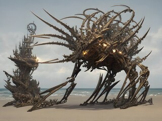 Kinetic sculpture propelled by wind on beach, Generative AI Illustration