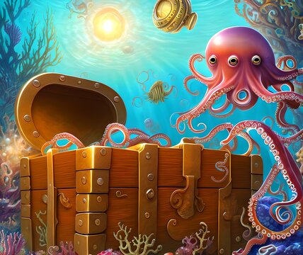 Octopus and Treasure Chest, Generative AI Illustration