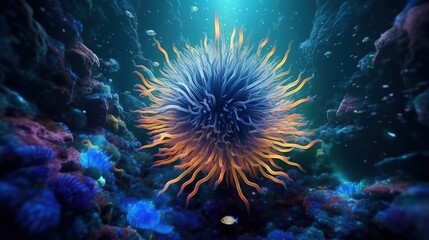 Naklejka na ściany i meble Underwater Sea Deep Abyss With Blue Sun light generative AI