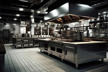 Modern clean commercial kitchen in the restaurant, generative AI