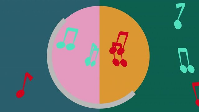 Animation of colourful music notes moving over pink and yellow circles on green and blue background