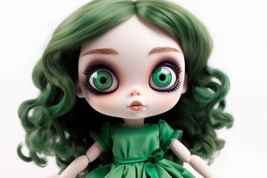 porcelain doll with big green eyes and hair wearing beautiful green dress. porcelain doll on white background