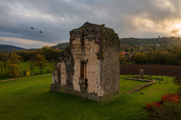 Aerial view about Saint Andrew's church ruin in the middle of an agricultural field near...