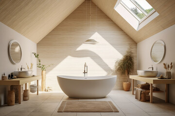 Modern bathroom with big window, super photo realistic background. Generative ai illustration