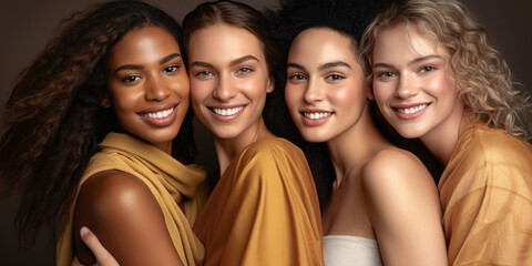 Obraz premium Skincare, diversity and women hug portrait for inclusivity, happiness and healthy skin texture. Interracial beauty and model group with woman smile for cosmetic campaign. Generative AI
