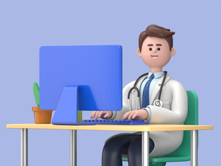 3D illustration of Male Doctor Lincoln working with laptop computer and writing on paperwork. Hospital background.Medical presentation clip art isolated on blue background
