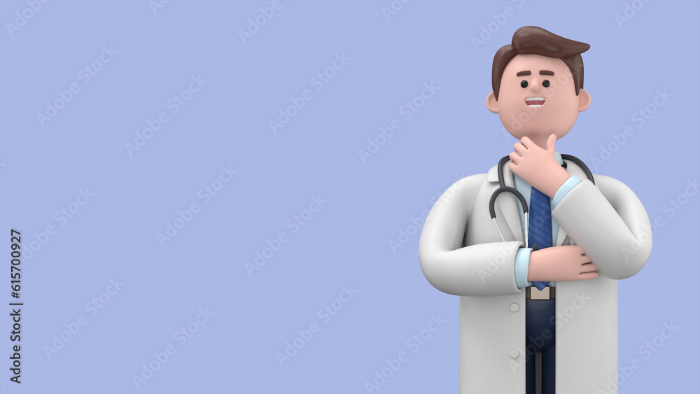 Wall mural 3D illustration of Male Doctor Lincoln pondering making decision. Portraits of cartoon characters solving problems, feeling concerned puzzled lost in thoughts. Searching and finding a solution concept