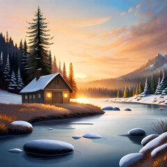 winter sunset in the mountains village Generative AI