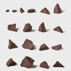 Chunks of dark chocolate isolated on white background. Set for branding design.